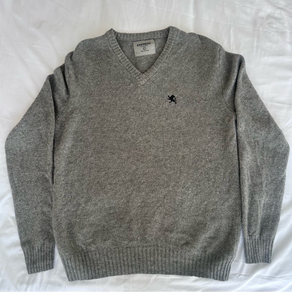 Express Lambs Wool Gray V Neck Pullover Sweater Mens Large